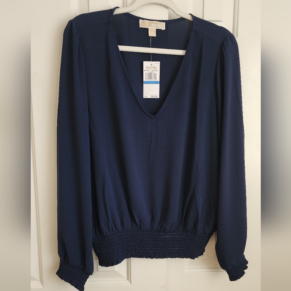 Michael Kors NWT Navy V-Neck Long Sleeve Smocked-Hem Sz XL Blouse